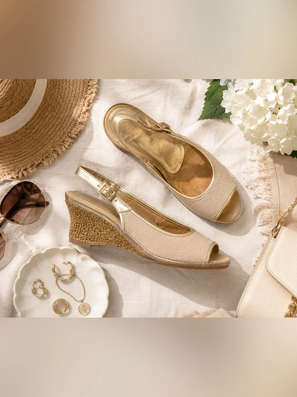 Aerosoles Dozen Roses Gold Linen Slingback Wedge Peep Toe Sandals 9M